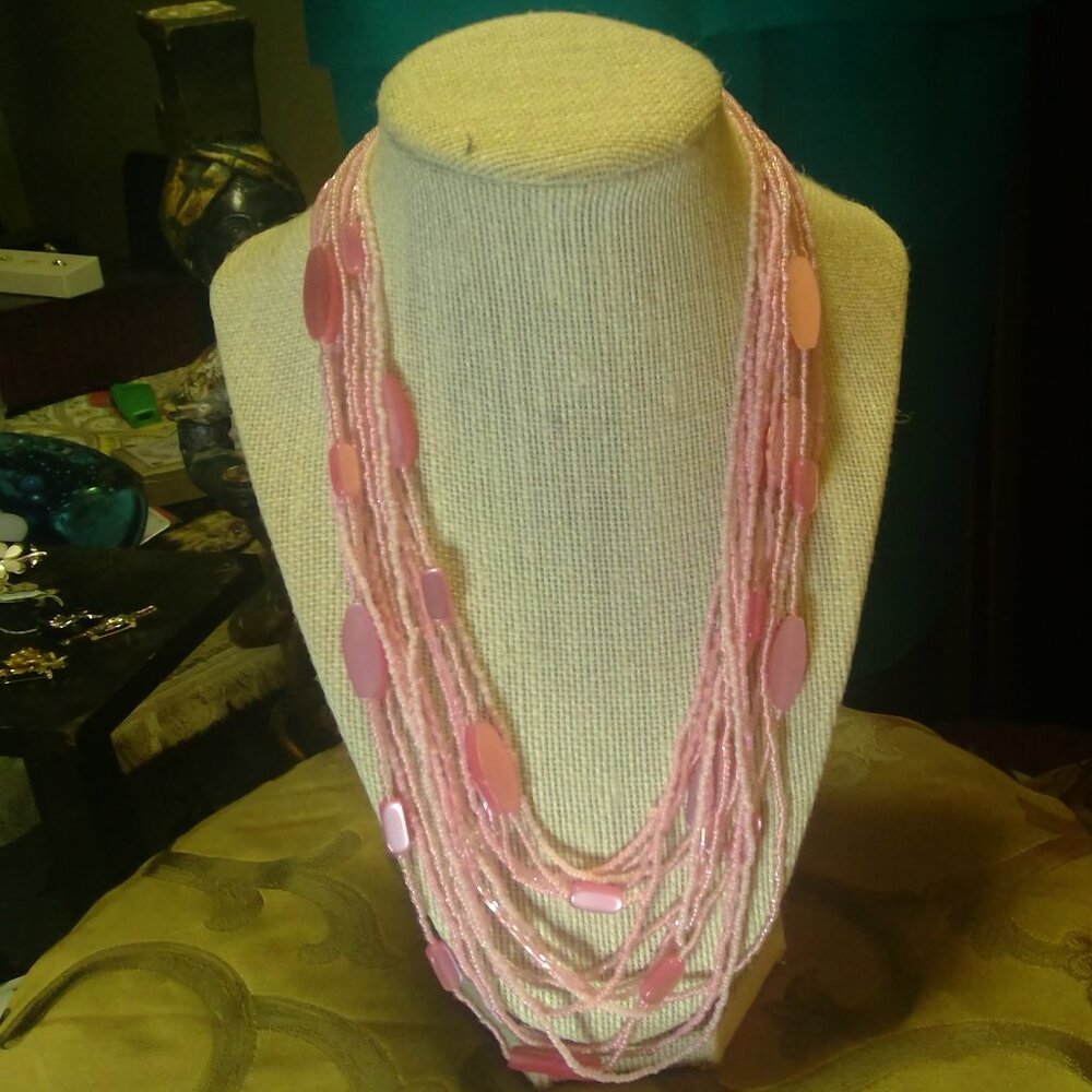 20 inch Pink Vintage multi strand Opaline Glass Seed & Pink Satin Necklace